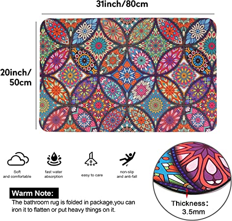 MOIAVAN Mandala Cushioned Kitchen Mat Non Slip, Super Absorbent Quick Dry Thin Comfort Floor Mat Low-Profile Washable Bathroom Rug for Shower Bathtub Sink Home Decoration（20"x31"）