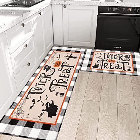 Pauwer Happy Halloween Set of 2, Anti Fatigue Kitchen Rugs Fall Decor, Non Slip Pumpkin Kitchen Runner Rug Set, Cushioned Waterproof Kitchen Foam Mat for Floor