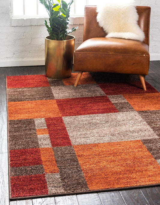 Warm Toned Checkered Multi-color Brown Orange Area Rugs