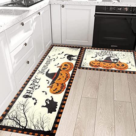 Pauwer Happy Halloween Set of 2, Anti Fatigue Kitchen Rugs Fall Decor, Non Slip Pumpkin Kitchen Runner Rug Set, Cushioned Waterproof Kitchen Foam Mat for Floor