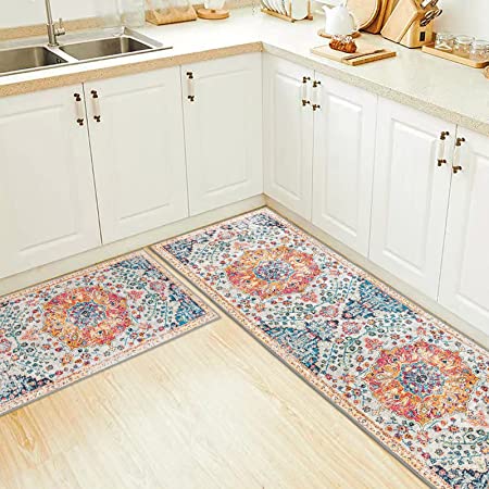 safarsa Kitchen Mats for Floor Set of 2 Pieces Kitchen Rugs and Mats Non  Skid Washable Kitchen Floor Mat(17 Wx30 L+17 Wx 47 L Boho Flowers) 
