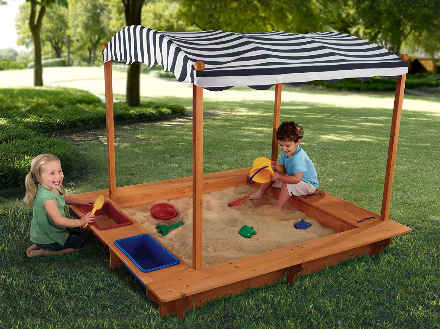 Outdoor Covered Wooden Sandbox with Bins and Striped Canvas Canopy, Navy & White