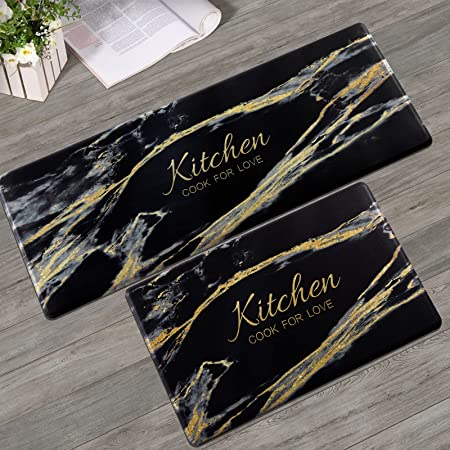 Carvapet Comfort Anti-Fatigue Kitchen Standing Desk Mat Waterproof Decorative Ergonomic Floor Pad Kitchen Rug, Black&Golden Marble Design 17"x47"