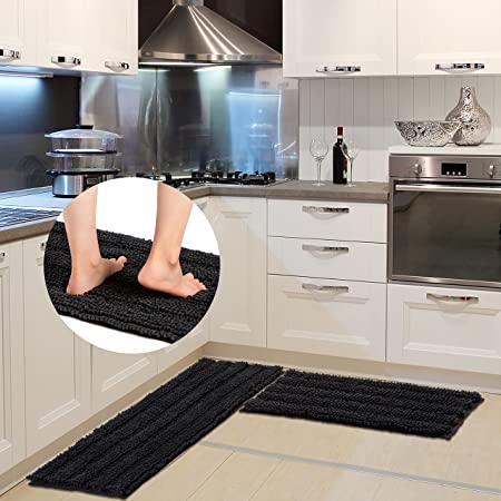 Lidermic Black Kitchen Rug Set-2 Piece Shaggy Chenille Kitchen Runner Area Rug Non Slip Kitchen Floor Mats, Absorbent Washable Anti-Fatigue Kitchen Standing Mat, 17"X48"+17X24 Bath Rugs