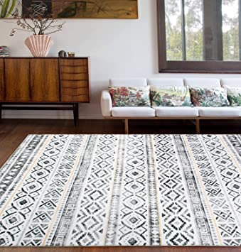 Contemporary Boho Machine Washable Stain Resistant Non Slip Area Rug Cream