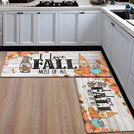 U'Artlines 2Piece Anti Fatigue Kitchen Mat Seasonal Fall Holiday Party Vintage Kitchen Rug Runner Set for Home Office Non Slip Waterproof Heavy Duty Comfort Standing Mats(Thankful)