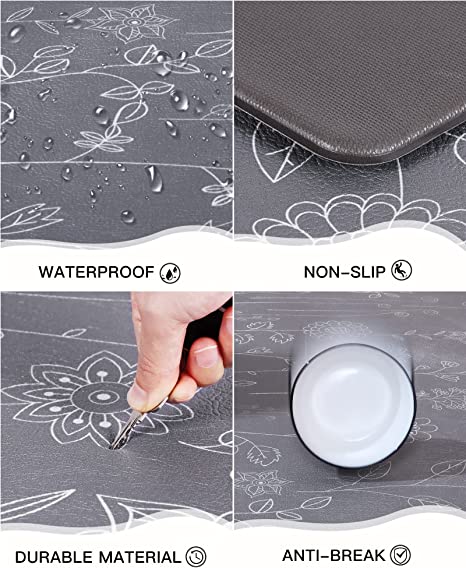 Kitchen Rugs and Mats Cushioned Anti Fatigue, WHTOR 2 PCS Non Skid Kitchen Runner Rugs, Waterproof Memory Foam Kitchen Floor Mat, Standing Desk Mat for House, Sink, Office, Kitchen (Gray)