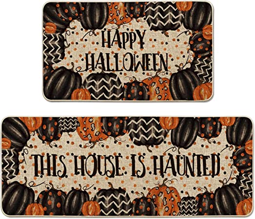 Artoid Mode Pumpkins This House is Haunted Happy Halloween Decorative Kitchen Mats Set of 2, Seasonal Low-Profile Floor Mat 17x29 and 17x47 Inch