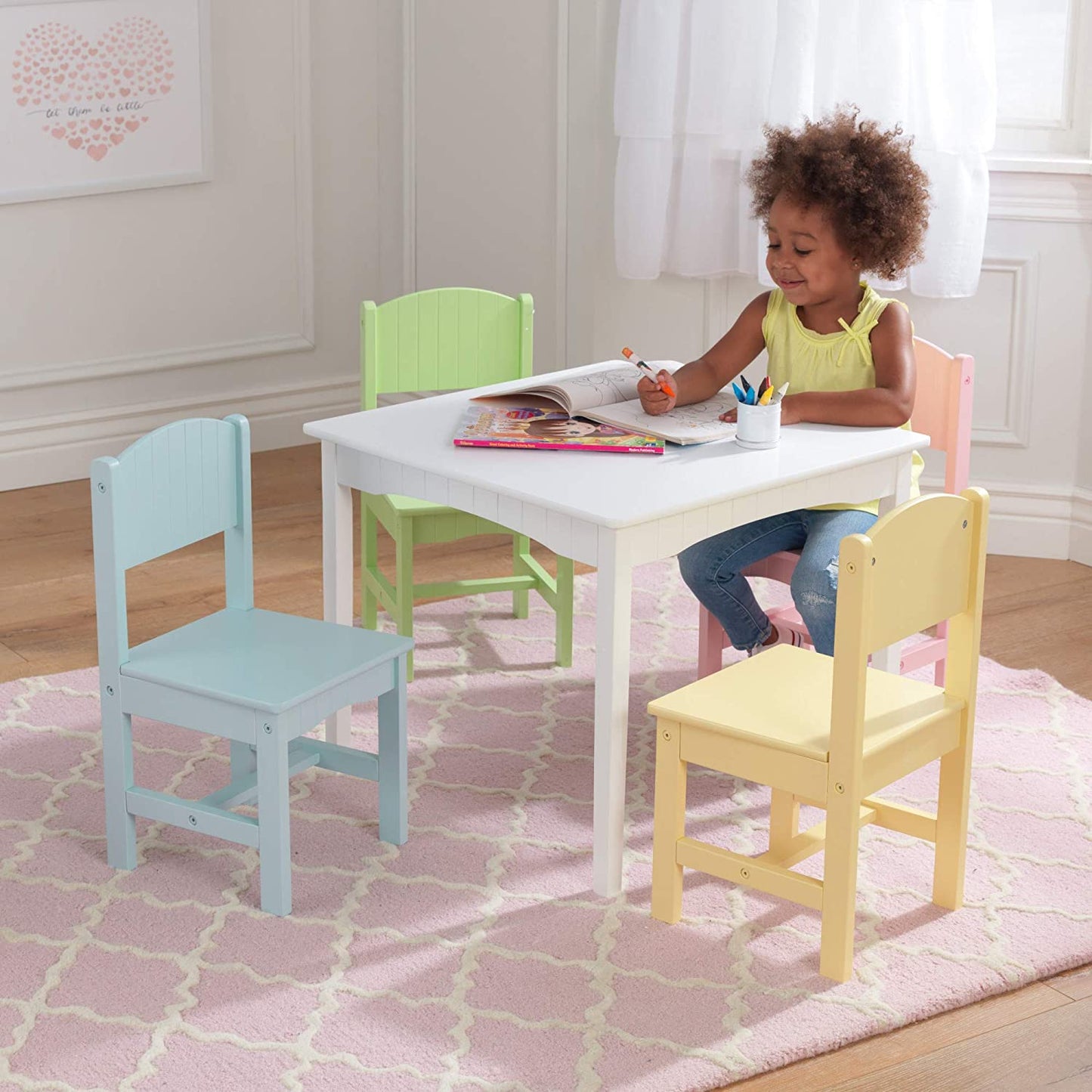 Nantucket Kid's Wooden Table & 4 Chairs Set with Wainscoting Detail, Pastel ,Gift for Ages 3-8