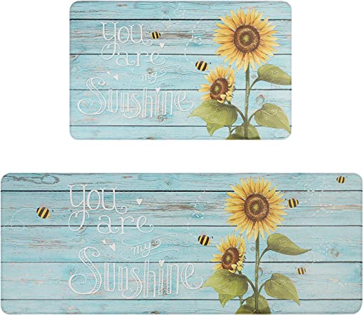 2 Piece Cushioned Kitchen Rugs and Mats Sunflower Spring Anti Fatigue Kitchen Mat Set Non Slip Waterproof PVC Standing Kitchen Runner Mat 17”x28”+17”x47”