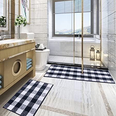 Carvapet 2 Pieces Buffalo Plaid Check Rug Set Water Absorb Microfiber Non-Slip Kitchen Rug Bathroom Mat Checkered Doormat Carpet for Laundry 17"x48"+17"x24", Black and White