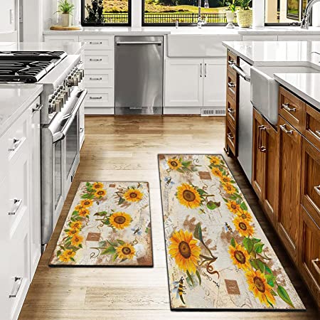 Sunflower Kitchen Rugs Anti-Fatigue Vintage Farmhouse Kitchen Floor Mat Padded PVC Leather Heavy Duty Waterproof Comfort Standing Runner Rugs 17.3x28+17.3x47 inch