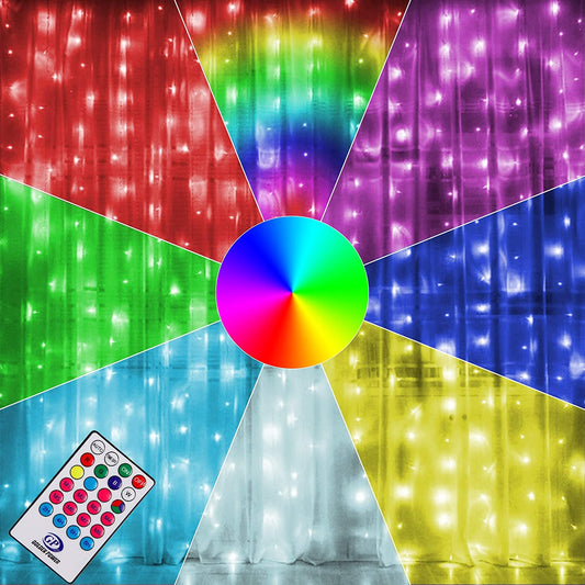 Star 300 LED Window Curtain Lights, Christmas Rainbow RGB Color Changing 64 Functional Backdrop Light with Remote, Colorful Icicle