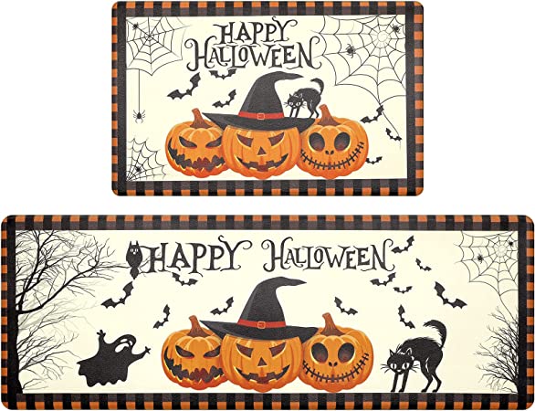 Pauwer Happy Halloween Set of 2, Anti Fatigue Kitchen Rugs Fall Decor, Non Slip Pumpkin Kitchen Runner Rug Set, Cushioned Waterproof Kitchen Foam Mat for Floor