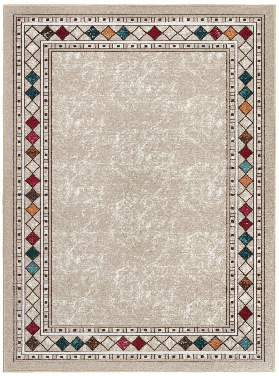 Bordered Non-Skid Low Profile Pile Rubber Backing Kitchen Area Rugs Beige