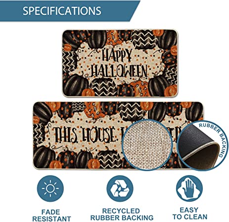 Artoid Mode Pumpkins This House is Haunted Happy Halloween Decorative Kitchen Mats Set of 2, Seasonal Low-Profile Floor Mat 17x29 and 17x47 Inch