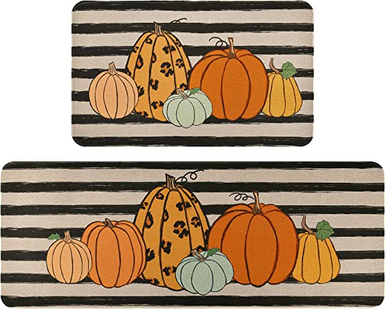 2 Pcs Thanksgiving Fall Kitchen Rug, Autumn Pumpkin Area Rug Set of 2 Washable, Non-Slip Black White Striped Door Mat with Anti-Slip Rubber Backing Fall Kitchen Decor 17'' x 47'' + 17'' x 30''