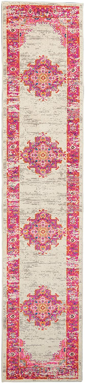 Pink and White Vintage Area Rug, IVORY/FUSHIA