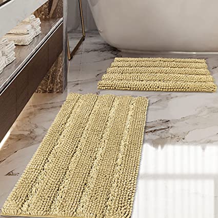 iCOVER Bathroom Rugs Set, Anti-Slip Design Thick Chenille Striped Bath Mats, Strong Absorbent Floor Mats Machine Washable Also for Kitchen, Living Room, Bedroom (32" x 20" and 24" x 17", Grey)