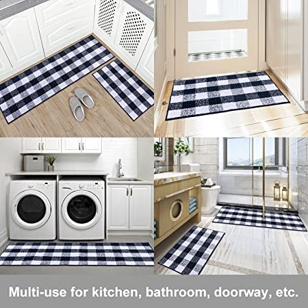 Carvapet 2 Pieces Buffalo Plaid Check Rug Set Water Absorb Microfiber Non-Slip Kitchen Rug Bathroom Mat Checkered Doormat Carpet for Laundry 17"x48"+17"x24", Black and White
