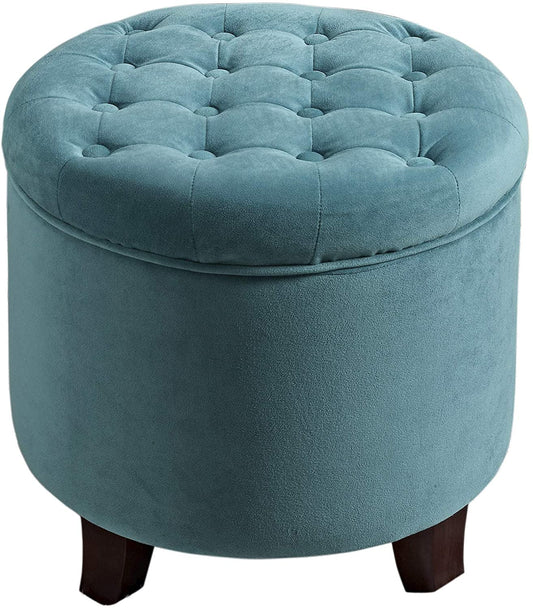 Fabric Upholstered Round Storage Ottoman - Velvet Button Tufted with Removable Lid