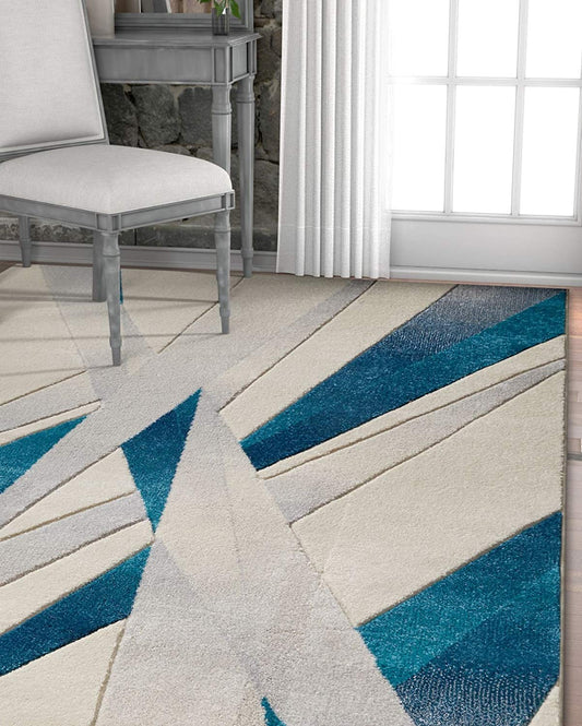 Modern Geometric Blue Ivory Comfy Hand Carved Area Rugs