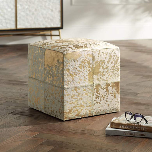 Astoria Weathered Gold Leather Hide Pouf Ottoman