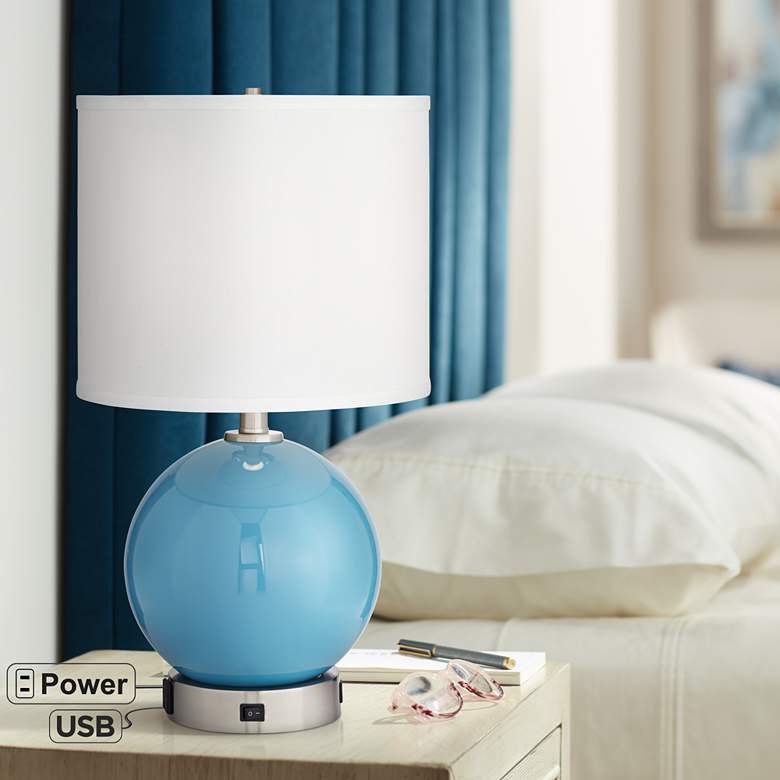Aquarius Blue Glass Sphere USB Accent Table Lamp with Outlet