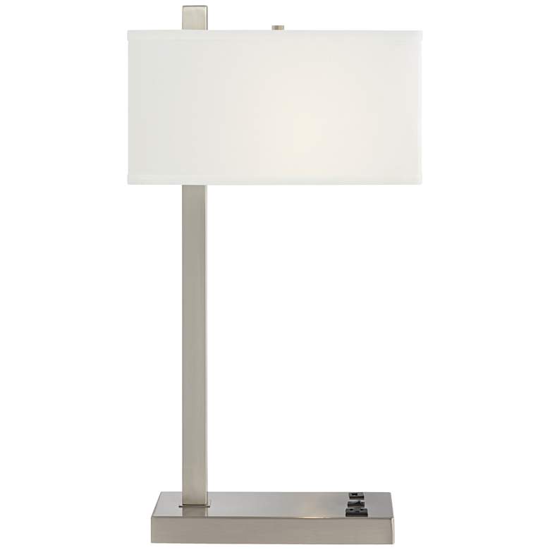 Vendi Brushed Nickel Table Lamp with USB Port and Outlet