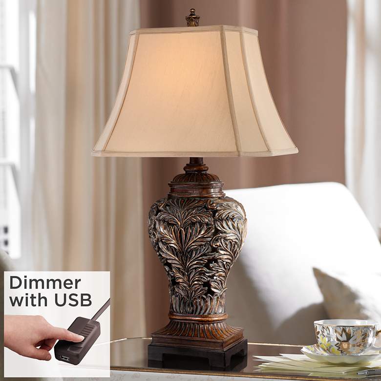 Barnes and Ivy Leafwork Bronze Vase Table Lamp with USB Dimmer Cord