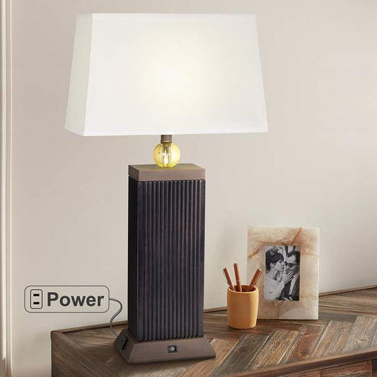 LeVar Espresso Table Lamp With Built In 3-Prong Electrical Outlets