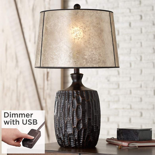 Kelly Rustic Farmhouse Table Lamp with Mica Shade and USB Cord Dimmer