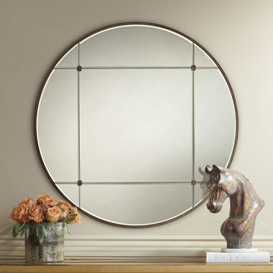 Drucilla Antique Light Brown 32" Round Framed Wall Mirror