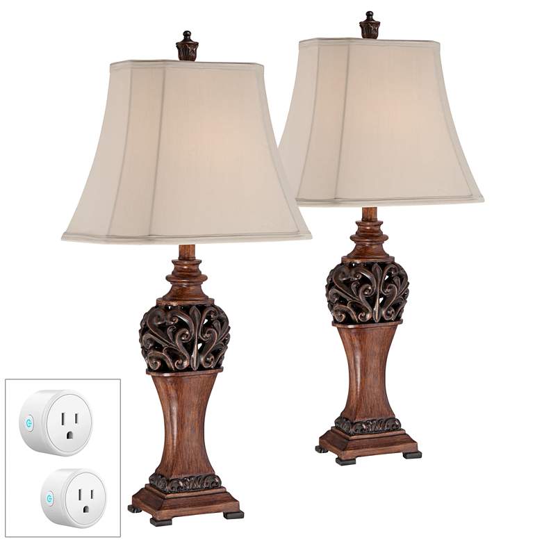 Exeter Wood Finish Table Lamps Set of 2 with WiFi Smart Sockets