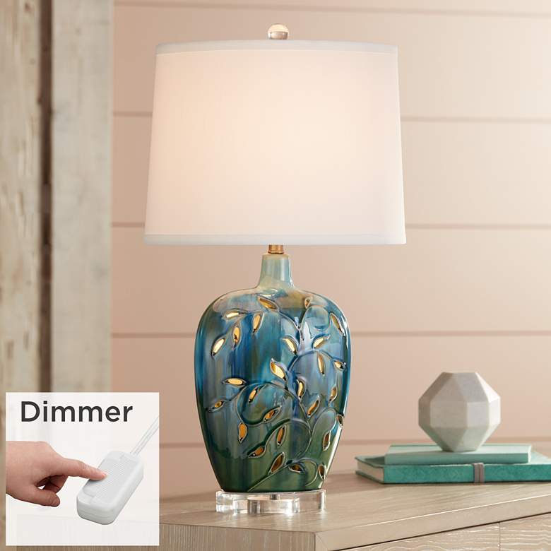 Devan Vines Blue Ceramic Night Light Lamp with Table Top Dimmer