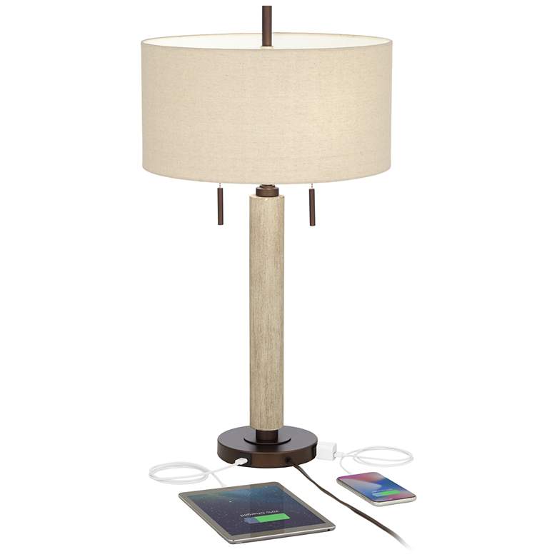 Hugo Wood Column USB Table Lamp with Table Top Dimmer
