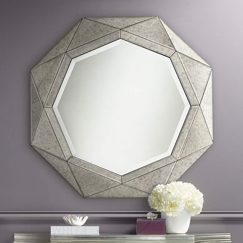 Possini Euro Dana 31 1/2" Round Octagon Antiqued Gray Wall Mirror