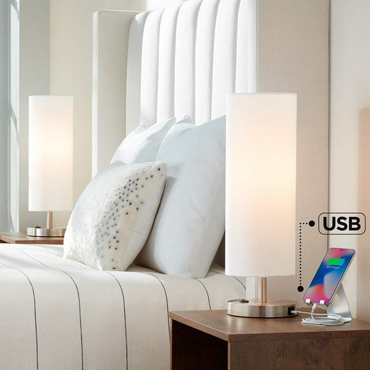 Brushed Nickel Outlet USB Table Lamps Set of 2