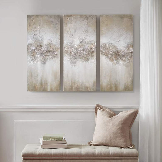 Luminous 35"H Taupe Hand-Brushed 3-Piece Canvas Wall Art Set