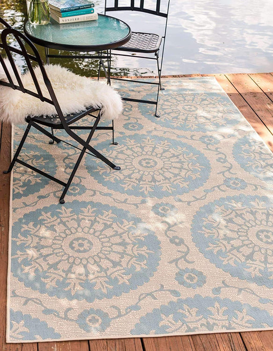 Floral Abstract Transitional Indoor Outdoor Flatweave Light Blue/ Beige Area Rug