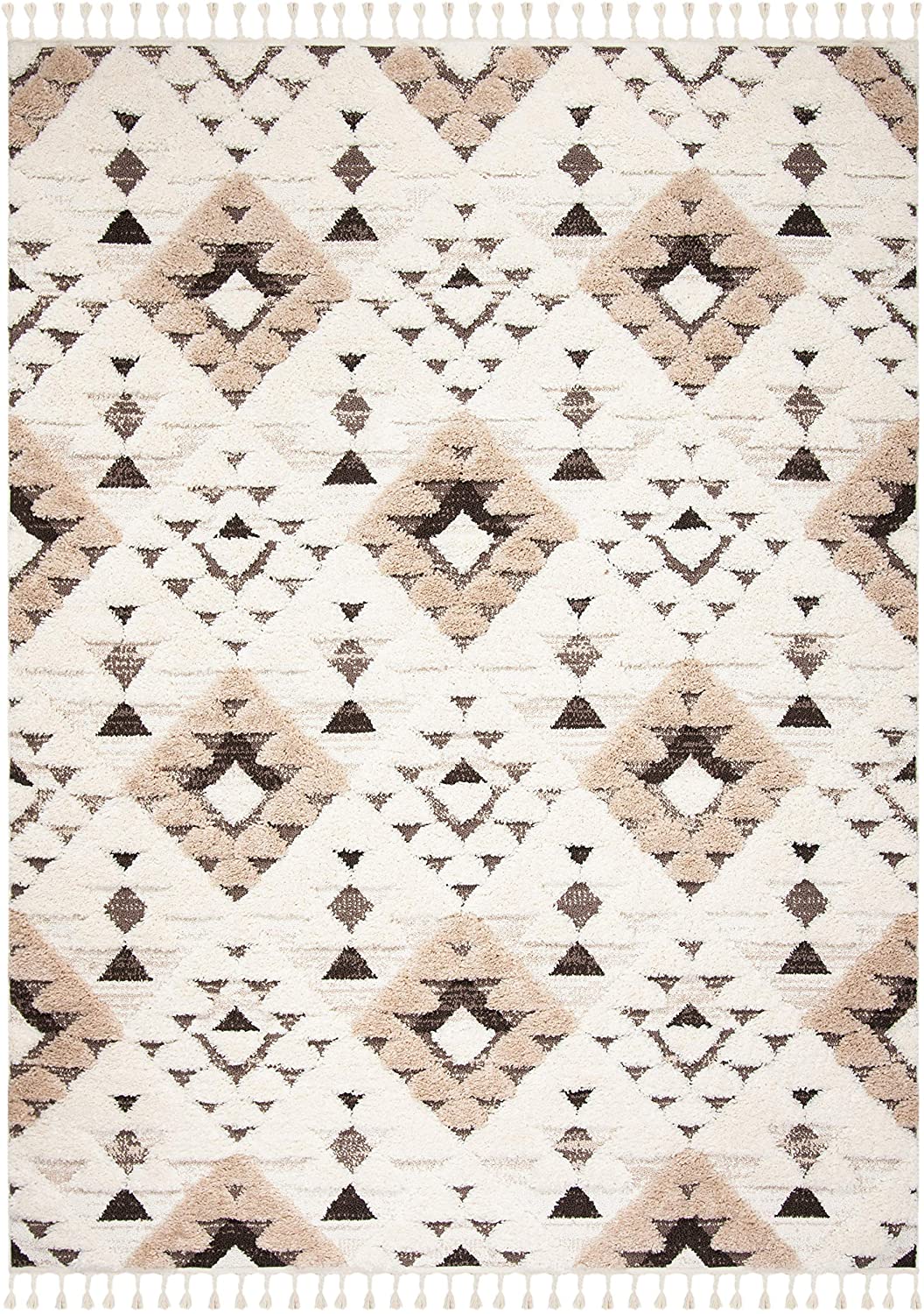 Moroccan Tassel Shag Collection Boho Soft Area Rug Ivory / Brown
