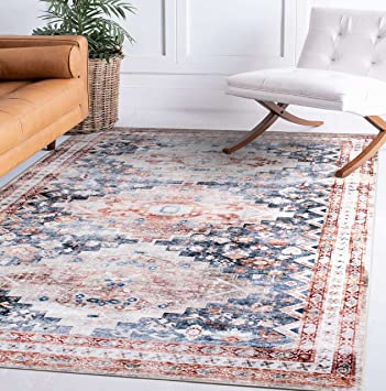 Distressed Transitional Machine Washable Stain Resistant Non Slip Area Rug Multi