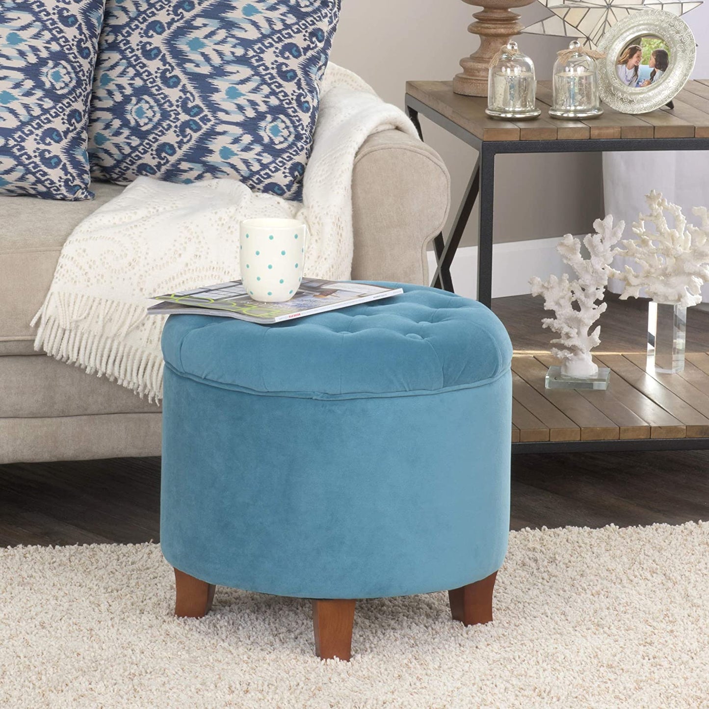 Fabric Upholstered Round Storage Ottoman - Velvet Button Tufted with Removable Lid