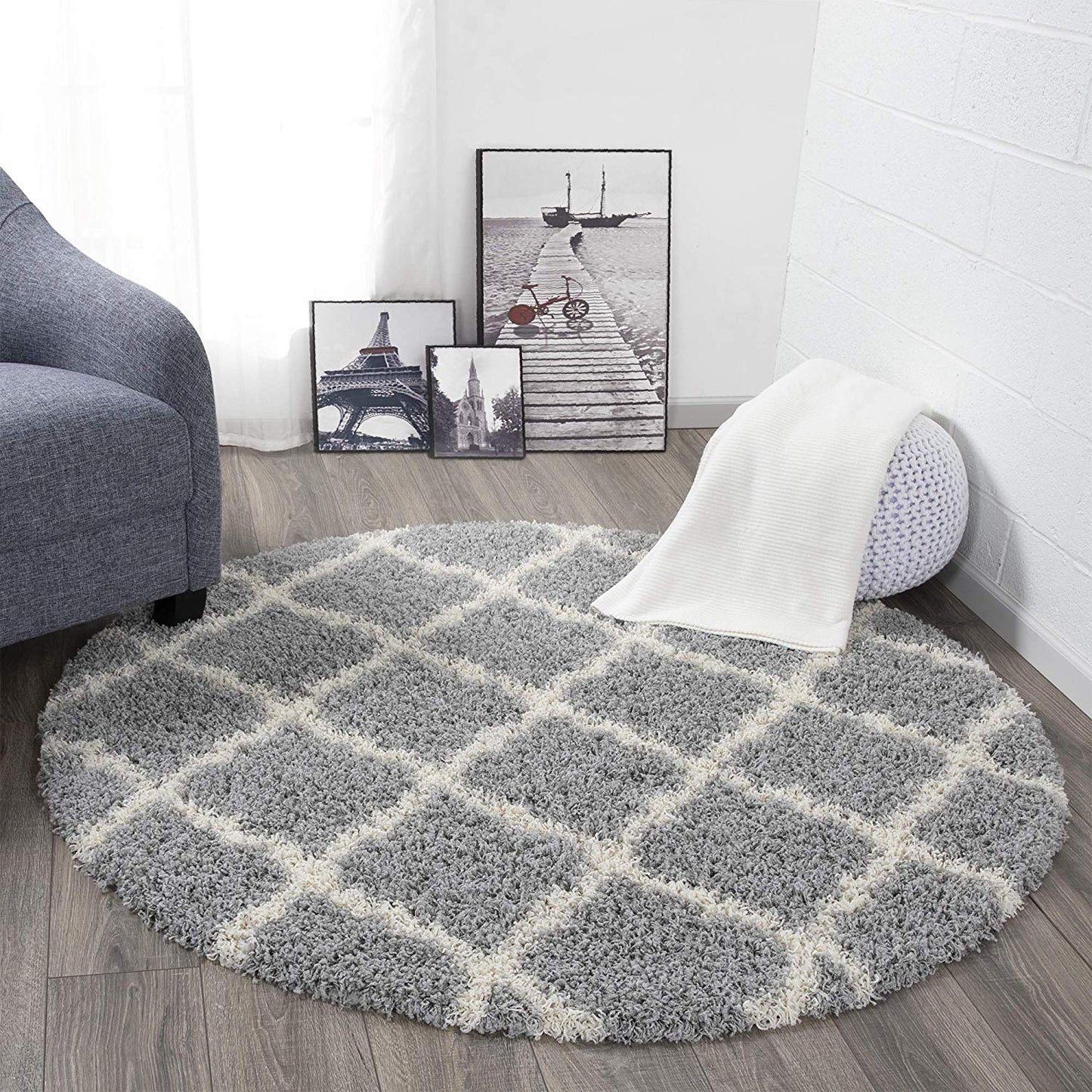 Gray Soft White Shag Trellis Area Rugs