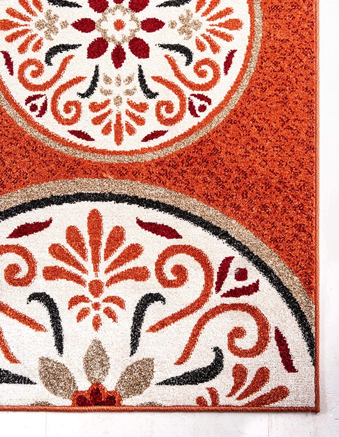 Carved Floral Transitional Indoor/ Outdoor Flat Weave Terracotta/Beige Area Rug