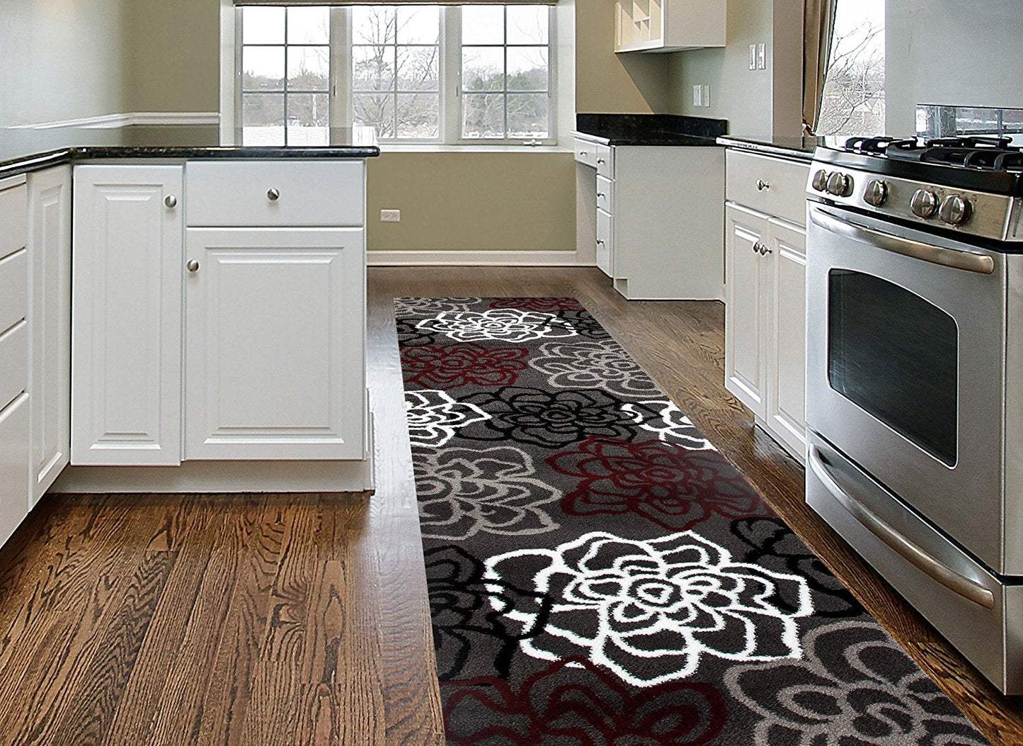 Floral Gray/Grey Red White Area Rug