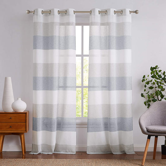 Gray Tan Stripe Sheer Color Block Window Curtain Panel Linen 95 inches Long with Grommets, 2 Panel Rustic Drapes