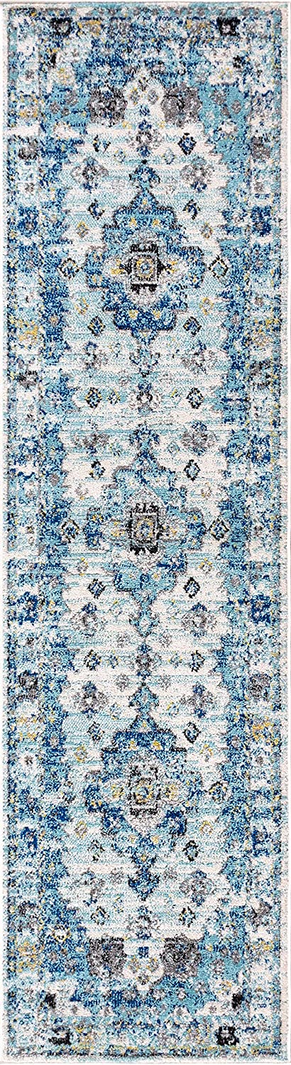 Modern Persian Boho Vintage Medallion Cream/Blue Soft Area Rug