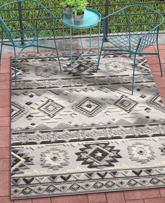Southwestern Style Gray White High Traffic Stain Resistant Indoor Outdoor Area Rug