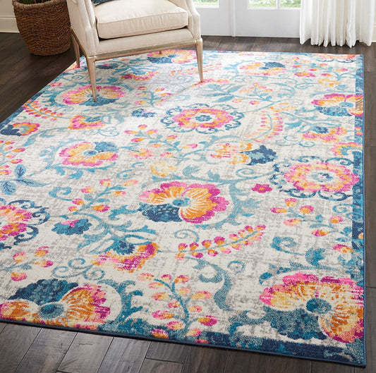 Passion Floral Ivory Blue Fuchsia Soft Area Rug